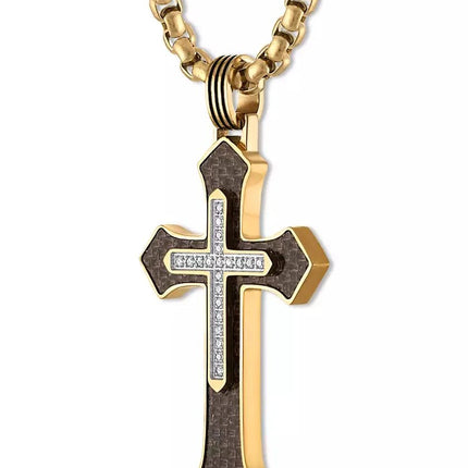 Esquire Men's Jewelry Diamond & Brown Carbon Fiber Cross Pendant (1/10 ct. t.w.) in Gold-Tone Ion-Plated Stainless Steel (Pendant Only)