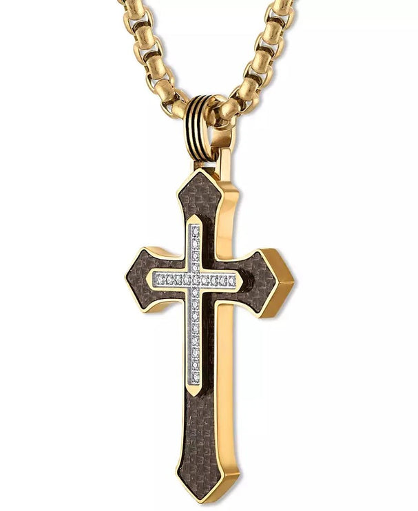 Esquire Men's Jewelry Diamond & Brown Carbon Fiber Cross Pendant (1/10 ct. t.w.) in Gold-Tone Ion-Plated Stainless Steel (Pendant Only)
