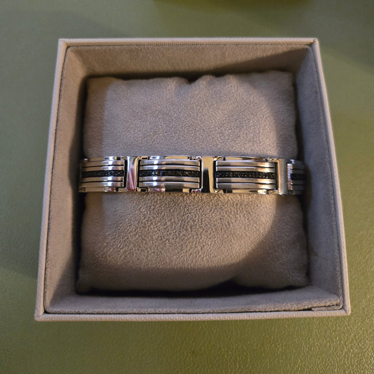 1/2ctw Black Diamond Fine Line Men's Stainless Steel Link Bracelet (Light Use)