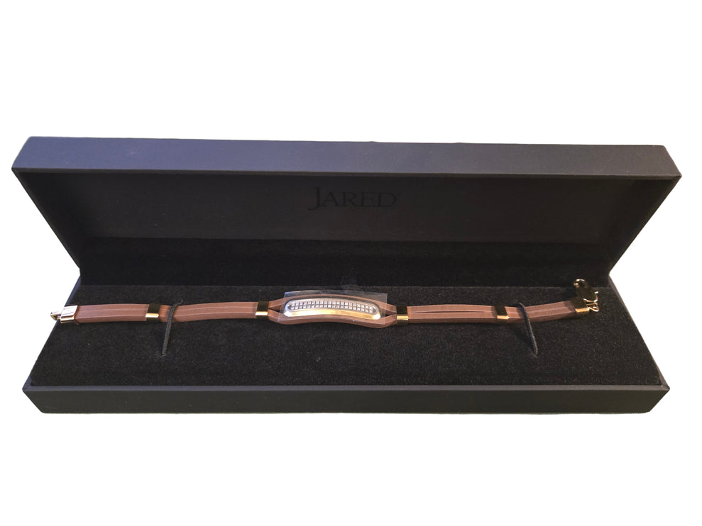 Men's Diamond Bracelet 1/5 ct tw Round Gold Ion-Plated Stainless Steel/Brown Leather 8.5"