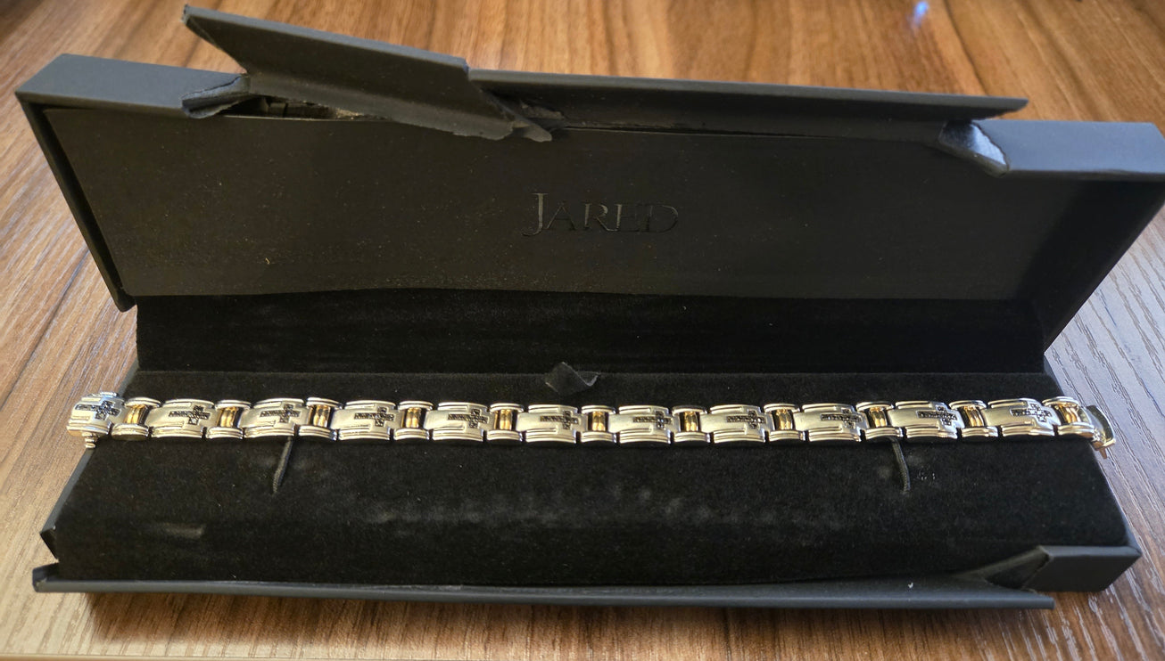 Men's 3/4 Carat Black Diamond Link 8 1/2" Bracelet in Sterling Silver and 10k Yellow Gold (Damaged Box)