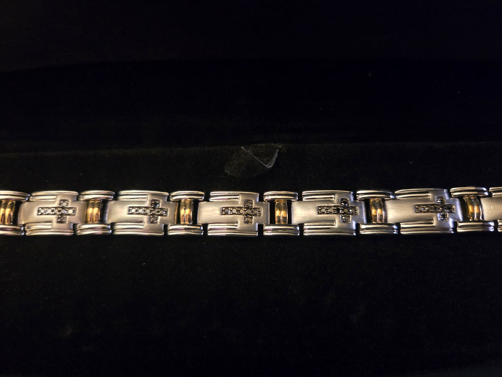 Men's 3/4 Carat Black Diamond Link 8 1/2" Bracelet in Sterling Silver and 10k Yellow Gold (Damaged Box)