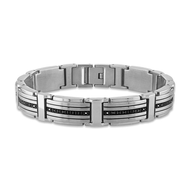 1/2ctw Black Diamond Fine Line Men's Stainless Steel Link Bracelet (Light Use)