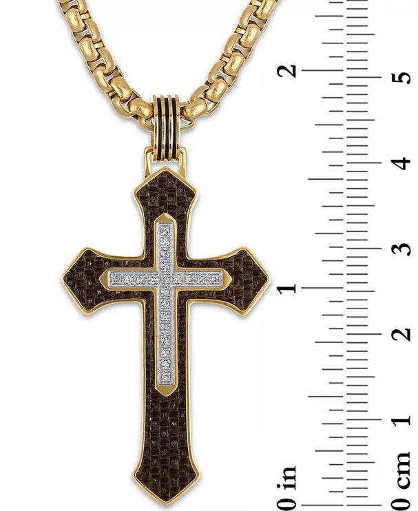 Esquire Men's Jewelry Diamond & Brown Carbon Fiber Cross Pendant (1/10 ct. t.w.) in Gold-Tone Ion-Plated Stainless Steel (Pendant Only)
