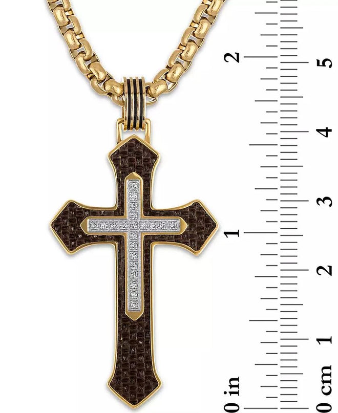 Esquire Men's Jewelry Diamond & Brown Carbon Fiber Cross Pendant (1/10 ct. t.w.) in Gold-Tone Ion-Plated Stainless Steel (Pendant Only)