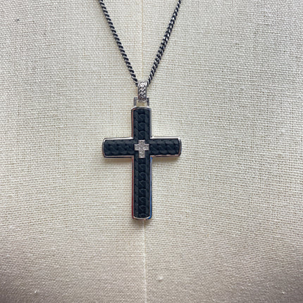 1933 by Esquire Men's Carbon Fiber Cross Pendant Necklace Sterling Silver 22"