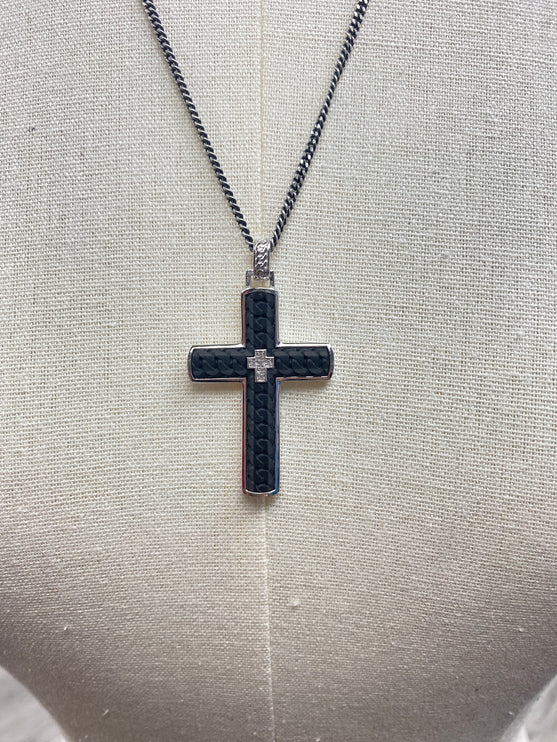 1933 by Esquire Men's Carbon Fiber Cross Pendant Necklace Sterling Silver 22"