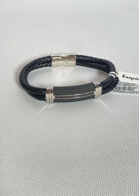 Esquire Men's Jewelry Diamond & Leather Bracelet in Stainless Steel & Black Ion-Plate