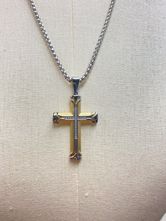 Esquire 1/10 CTW Diamond Plated Stainless Steel Cross Pendant Necklace