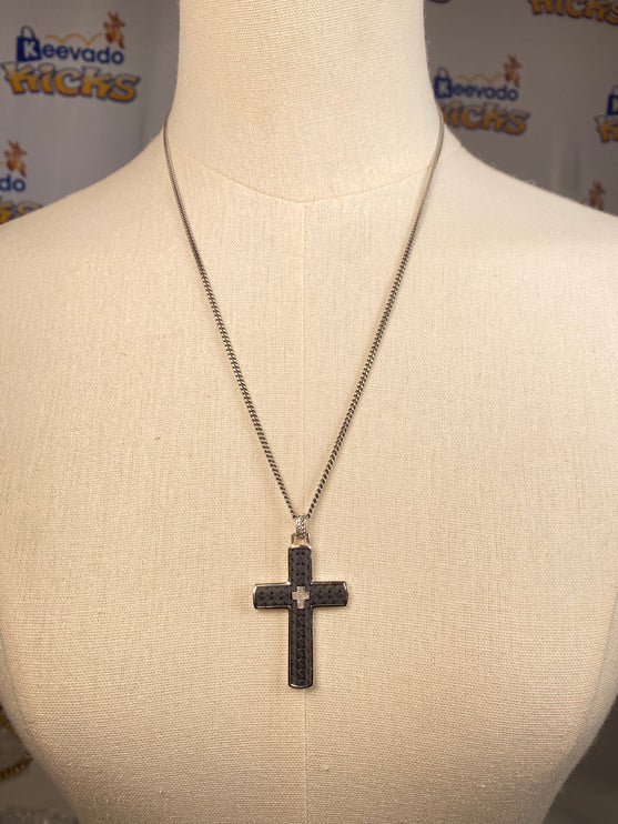 1933 by Esquire Men's Carbon Fiber Cross Pendant Necklace Sterling Silver 22"