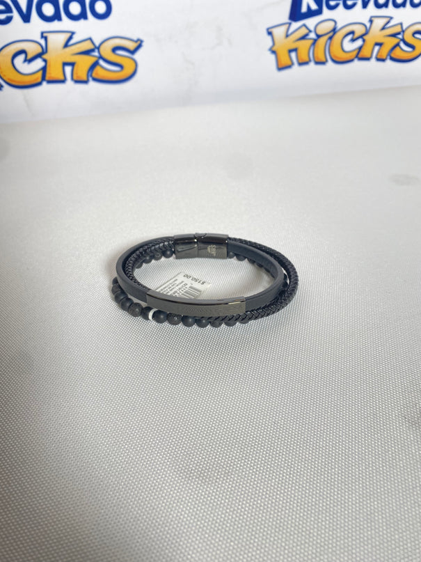 Men's Triple Row Braided Leather Bracelet in Black Ion-Plated Stainless Steel