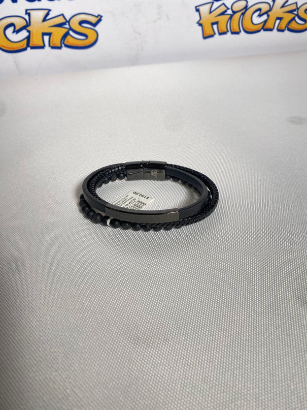 Men's Triple Row Braided Leather Bracelet in Black Ion-Plated Stainless Steel