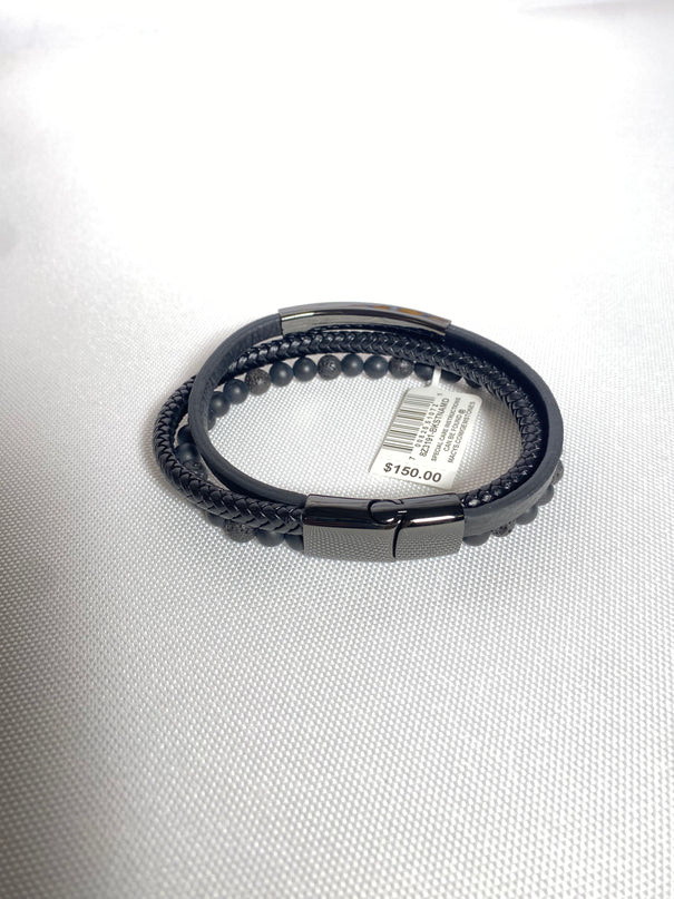 Men's Triple Row Braided Leather Bracelet in Black Ion-Plated Stainless Steel
