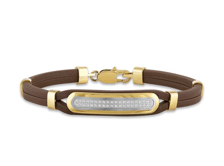 Men's Diamond Bracelet 1/5 ct tw Round Gold Ion-Plated Stainless Steel/Brown Leather 8.5"