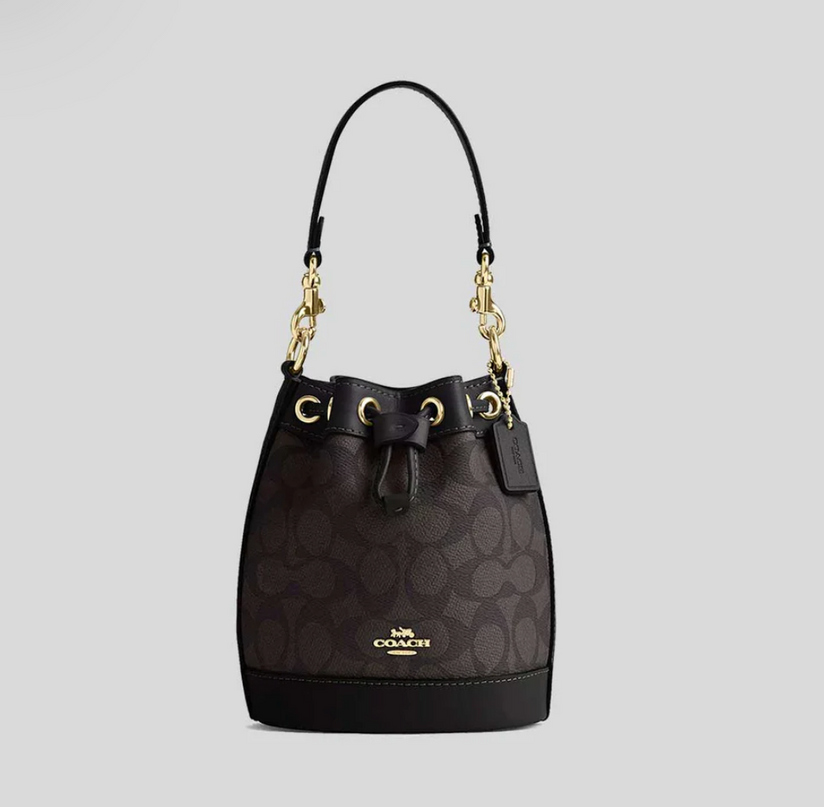 COACH Mini Bucket Bag In Signature Canvas Walnut/Black CW299