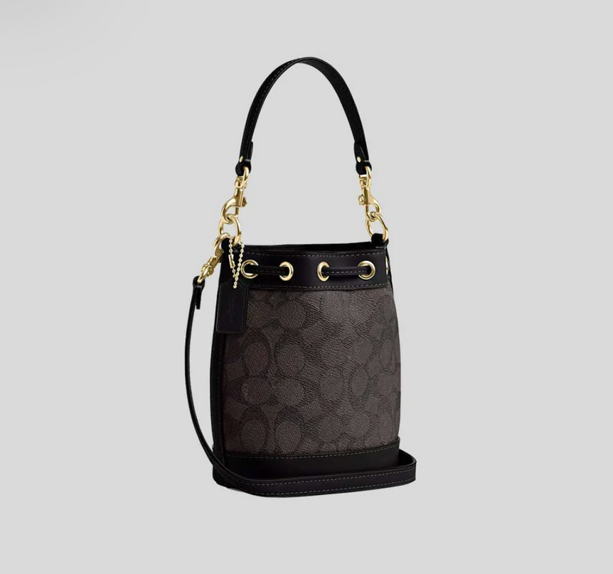 COACH Mini Bucket Bag In Signature Canvas Walnut/Black CW299