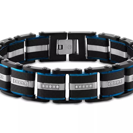 Esquire Men's Diamond & Carbon Fiber Link Bracelet (1/3 ct. t.w.) in Blue & Black Ion-Plated Stainless Steel