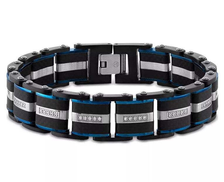 Esquire Men's Diamond & Carbon Fiber Link Bracelet (1/3 ct. t.w.) in Blue & Black Ion-Plated Stainless Steel