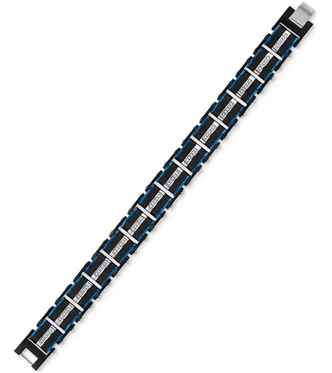 Esquire Men's Diamond & Carbon Fiber Link Bracelet (1/3 ct. t.w.) in Blue & Black Ion-Plated Stainless Steel