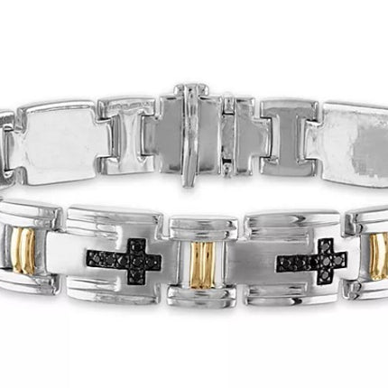 Men's 3/4 Carat Black Diamond Link 8 1/2" Bracelet in Sterling Silver and 10k Yellow Gold (Damaged Box)