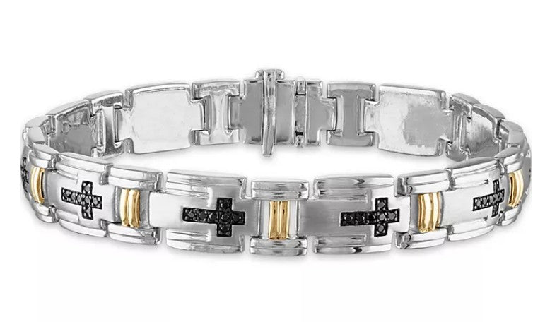 Men's 3/4 Carat Black Diamond Link 8 1/2" Bracelet in Sterling Silver and 10k Yellow Gold (Damaged Box)