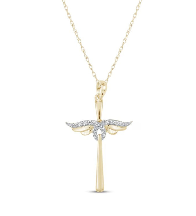 Diamond Winged Cross Necklace 1/15 ct tw 10K Yellow Gold 18"