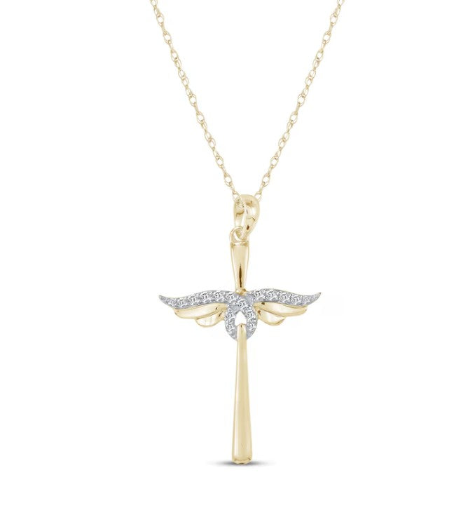 Diamond Winged Cross Necklace 1/15 ct tw 10K Yellow Gold 18"